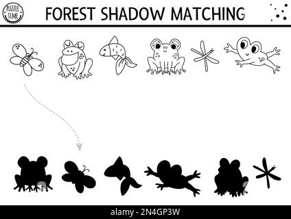 Forest or camping black and white shadow matching activity with cute animals. Road trip outline puzzle with frogs, fish, butterfly. Find the correct s Stock Vector