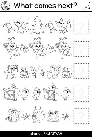 What comes next. Forest black and white matching activity with woodland animals. Funny outline puzzle. Logical worksheet. Continue the row coloring pa Stock Vector