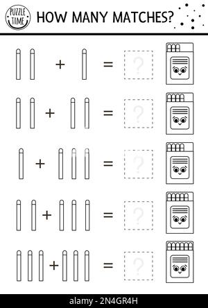 How many matches black and white game with cute match in the box. Summer math addition outline activity or coloring page. Printable simple counting wo Stock Vector