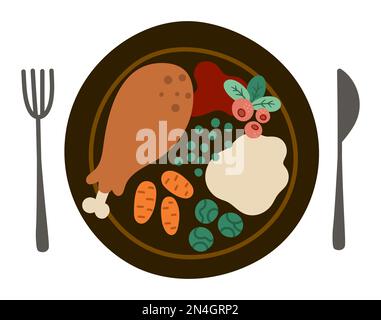 Vector plate with traditional Thanksgiving meal, fork and knife. Roast turkey with cranberry sauce, carrots, Brussel sprouts. Christmas or Thanksgivin Stock Vector