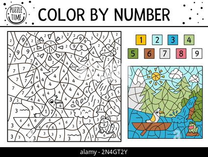 Vector forest color by number activity with trees, mountains, river waterfall and bird in a boat. Summer road trip coloring and counting game. Funny c Stock Vector