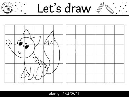 Complete the fox picture. Vector forest drawing practice worksheet. Printable black and white activity for preschool children with animal. Copy the pi Stock Vector