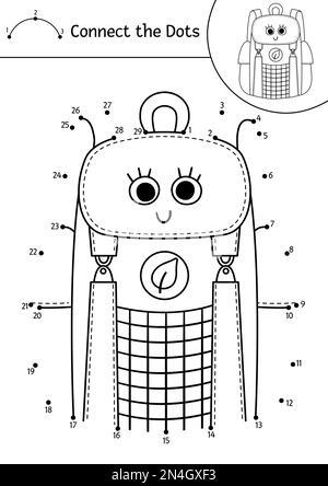 Vector camping dot-to-dot and color activity with cute kawaii tourist backpack. Summer camp connect the dots game for children with comic bag. Funny a Stock Vector