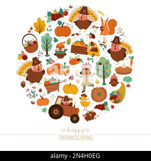Vector round frame with comic turkey, forest animals, Thanksgiving elements, pumpkins, harvest. Autumn card template design for banners, posters, invi Stock Vector