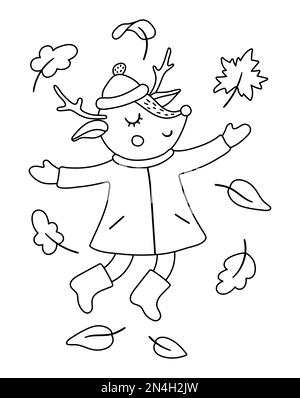 Cute black and white deer jumping under falling leaves. Vector outline autumn character isolated on white background. Fall season line woodland animal Stock Vector