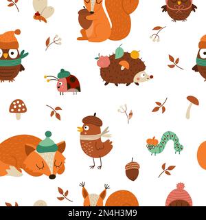 Vector Autumn forest animals and insects seamless pattern. Cute repeat background with hedgehog, squirrel, fox, bird, owl in hat and scarf. Vector fal Stock Vector