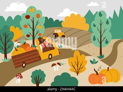 Farm horizontal landscape scene with children cartoon character ...
