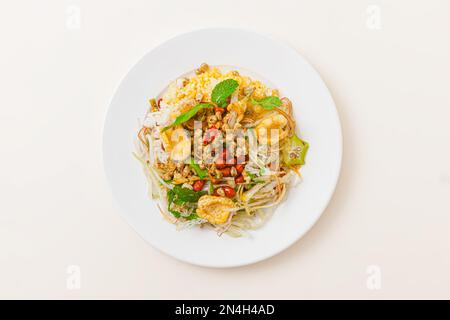 Com hen Hoi An, Vietnamese rice dish with baby basket clams rice, Vietnamese food isolated on white background; top view