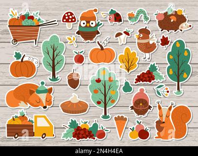 Vector autumn stickers set. Fall patches collection with cute forest animals, trees, birds on wooden background. Fall holiday patches pack with garden Stock Vector