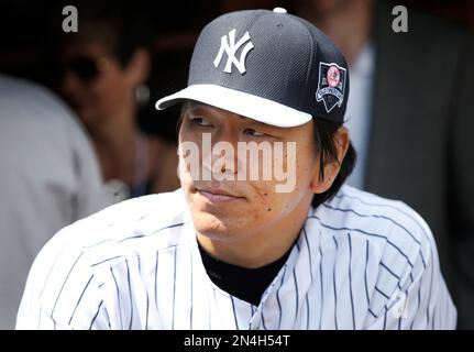 Former New York Yankees outfielder and 2009 World Series MVP Hideki Matsui  watches from the dugout during Yankees 68th Annual Old-Timers Day at Yankee  Stadium in New York, Sunday, June 22, 2014. (AP Photo/Kathy Willens Stock  Photo - Alamy