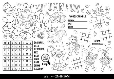 Vector autumn placemat for kids. Fall printable activity mat with maze, tic tac toe charts, connect the dots, find difference, crossword. Black and wh Stock Vector