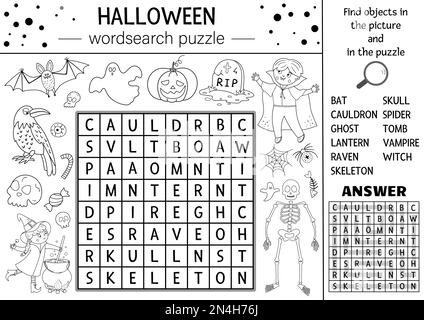 Vector Halloween black and white wordsearch puzzle for kids. Simple crossword or coloring page with haunted house and scary things. Keyword activity w Stock Vector