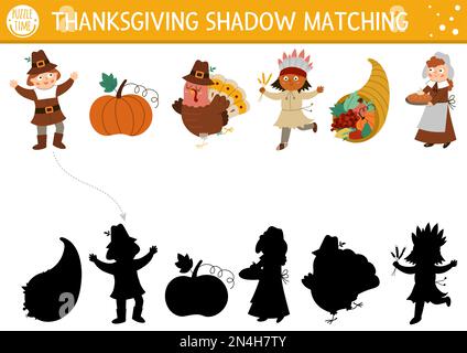 Thanksgiving shadow matching activity with turkey, pilgrim, pumpkin. Autumn puzzle with traditional holiday symbols. Find correct silhouette printable Stock Vector