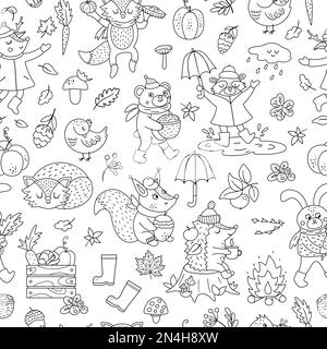 Black and white seamless pattern with vector autumn characters. Cute woodland animals line repeat background. Fall season coloring page.  Funny forest Stock Vector