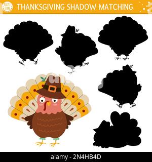 Thanksgiving shadow matching activity with cute turkeys. Autumn holiday puzzle with traditional birds. Find the correct silhouette printable worksheet Stock Vector