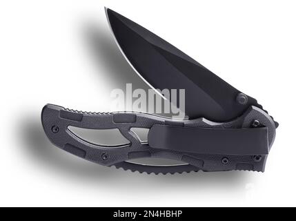 Blade partially open on a tactical folding knife with a pocket clip for carry and a shadow behind Stock Photo
