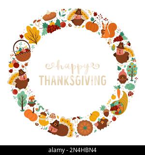 Vector round frame with comic turkey, forest animals, Thanksgiving elements, pumpkins, harvest. Autumn wreath or card template design for banners, pos Stock Vector