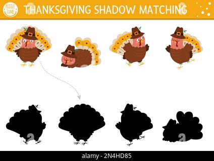 Thanksgiving shadow matching activity with cute turkeys. Autumn holiday puzzle with traditional birds. Find the correct silhouette printable worksheet Stock Vector