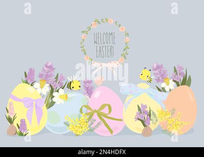 Greeting Card with Spring Flowers and Easter Eggs Stock Vector