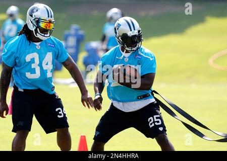 Carolina Panthers running back Jonathan Stewart, left, breaks free