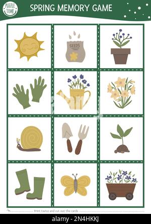 Vector garden memory game cards with cute gardening symbols. Spring ...