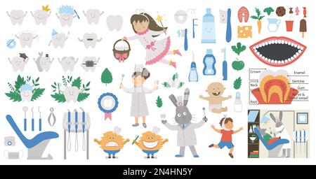 Dental care vector set. Collection with Tooth fairy, smiling toothbrush, teeth, dentist, dental clinic, tools. Big stomatology elements pack for kids. Stock Vector