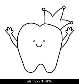 Black and white kawaii tooth with crown and hands up. Vector teeth line icon. Funny dental care picture for kids. Dentist baby clinic clipart or color Stock Vector