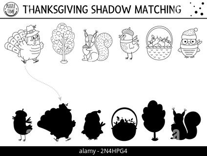 Thanksgiving black and white shadow matching activity with cute animals, harvest. Autumn holiday line puzzle with turkey, apples. Find correct silhoue Stock Vector