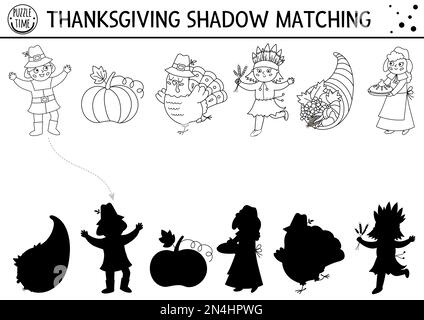 Thanksgiving black and white shadow matching activity with turkey, pilgrim, pumpkin. Autumn line puzzle with traditional holiday symbols. Find correct Stock Vector