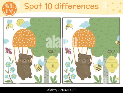 Forest find differences game for children. Preschool activity with bear flying on balloon. Puzzle with cute animal, tree, beehive. Woodland printable Stock Vector