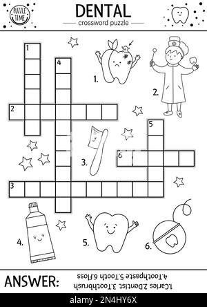 Vector black and white dental care crossword puzzle. Mouth hygiene outline quiz or coloring page for children. Educational medical activity with cute Stock Vector