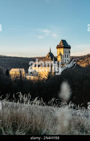 Beautiful gothic Royal Karlstejn Castle,Czech Republic.There are Czech crown jewels,holy relics,and royal treasures.Most popular Czech castle Stock Photo