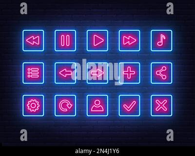 Set of neon icons for games and applications on brick wall background . Stock Vector