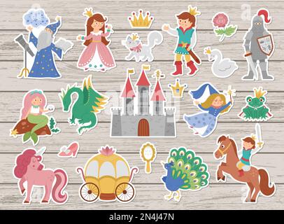 Fairy tale character stickers collection. Big vector sticker pack with fantasy princess, prince, witch, knight, unicorn, dragon. Medieval fairytale ca Stock Vector