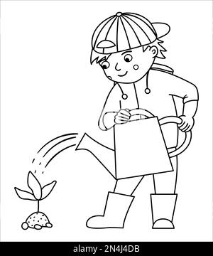 boy watering plants clipart black and white