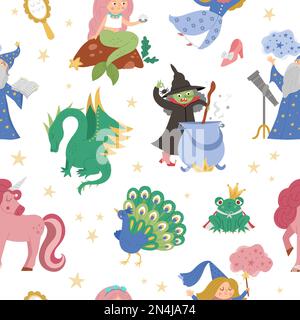 Fairy tale characters collection. Vector set of fantasy witch, unicorn, dragon, fairy, magician, mermaid, frog prince. Medieval fairytale castle pack. Stock Vector