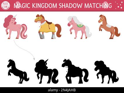 Fairytale shadow matching activity with horses and unicorn. Magic kingdom puzzle with cute characters. Find correct silhouette printable worksheet or Stock Vector