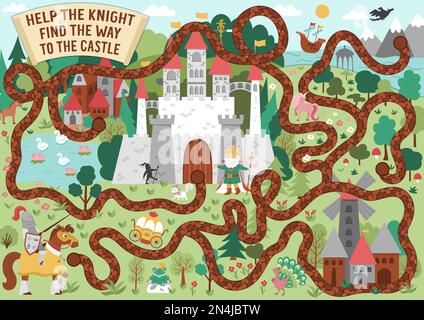 Fairytale maze for kids with medieval village landscape map. Magic ...