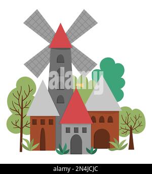 Vector Medieval village icon with windmill isolated on white background. Magic kingdom picture. Stone and wooden building. Countryside with towers, ho Stock Vector