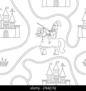 Black and white seamless pattern with fairy tale knight, road, castle, crown. Repeat background with fantasy armored warrior and kingdom plan. Fairyta Stock Vector