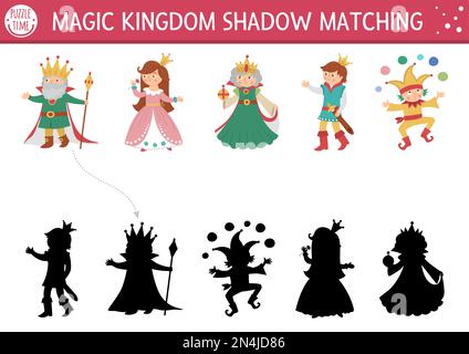 Fairytale shadow matching activity with king, queen, prince, princess. Magic kingdom puzzle with cute characters. Find correct silhouette printable wo Stock Vector