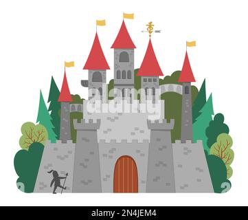 Vector castle icon isolated on white background. Magic kingdom picture. Big medieval stone palace with towers, flags, gates, trees, guardian. Fairy ta Stock Vector