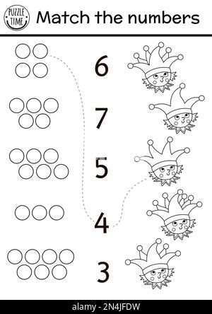 Match the numbers game with buffoon and bells on hat. Black and white fairytale math activity for preschool children. Magic kingdom printable counting Stock Vector