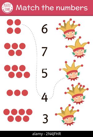 Match the numbers game with buffoon and bells on hat. Fairytale math activity for preschool children. Magic kingdom educational printable counting wor Stock Vector