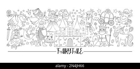 Vector black and white horizontal border set with cute fairy tale characters and objects. Line fairytale card template design with princess and prince Stock Vector