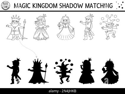 Fairytale black and white shadow matching activity with king, queen, prince, princess. Magic kingdom puzzle. Find correct silhouette printable workshe Stock Vector