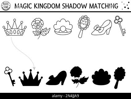 Fairytale black and white shadow matching activity with crown, mirror, shoe. Magic kingdom puzzle. Find correct silhouette printable worksheet or game Stock Vector
