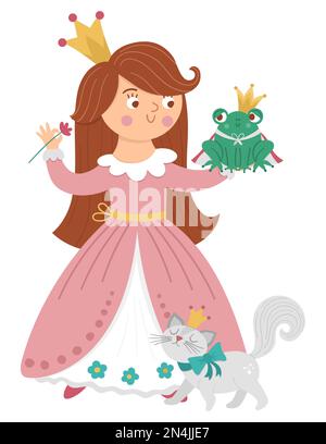 Fairy tale vector princess with frog prince and cat. Fantasy girl in crown isolated on white background. Medieval fairytale maid in pink dress. Girlis Stock Vector