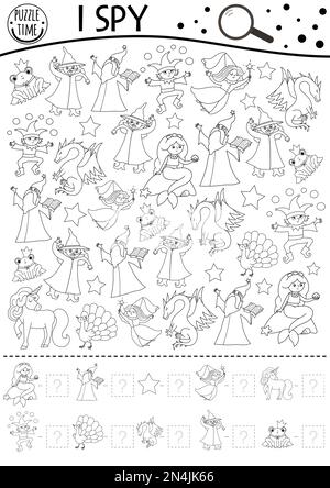 Black and white fairytale I spy game for kids with fantasy creatures. Searching and counting activity with witch, dragon, frog prince. Magic kingdom p Stock Vector