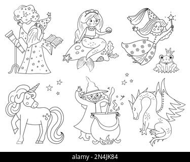 Fairy tale black and white characters collection. Vector line set with fantasy witch, unicorn, dragon, fairy, magician, mermaid, frog prince. Medieval Stock Vector